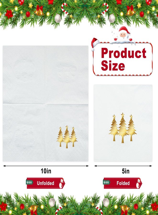 peony man 100 PCS Christmas Cocktail Napkins Christmas Gold Foil Paper Napkin Xmas Tree Disposable Napkins 3 Ply White and Gold Beverage Napkin for Xmas Holiday Kitchen Dinner Party Supplies, 5 x 5 Inch - Image 2